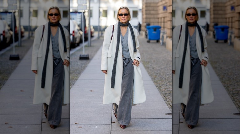 Gray trouser jeans long white coat