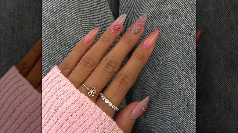 Pink floral jelly swirl manicure