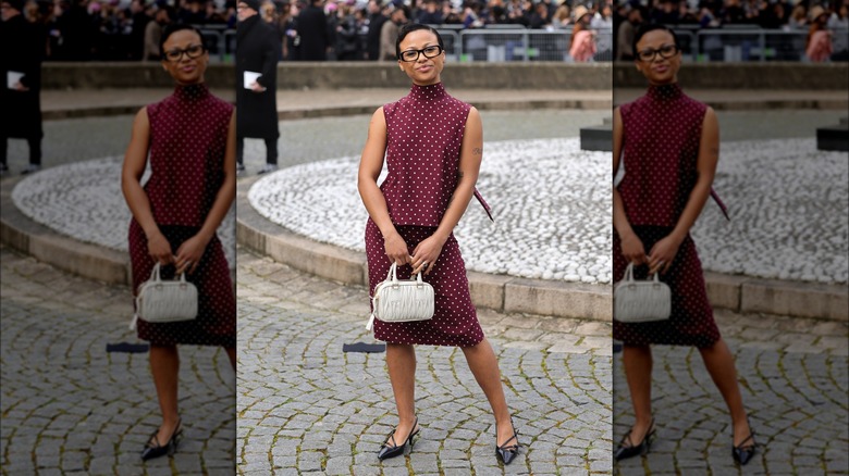 woman in red polka dot set