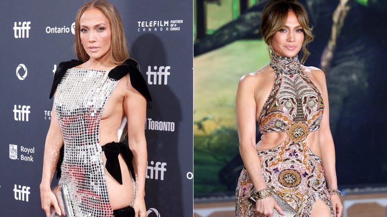 Side-by-side of Jennifer Lopez in a sideless silver gown and in a beaded gown.