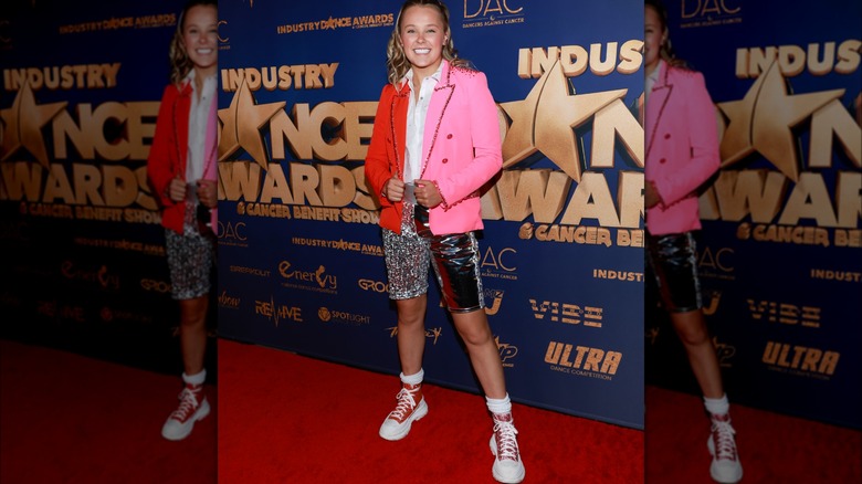 JoJo Siwa red and pink blazer silver shorts