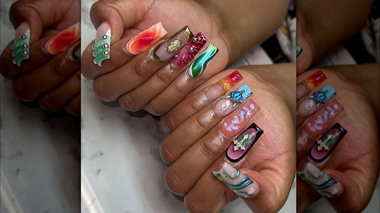 Bold colorful 3D junk manicure