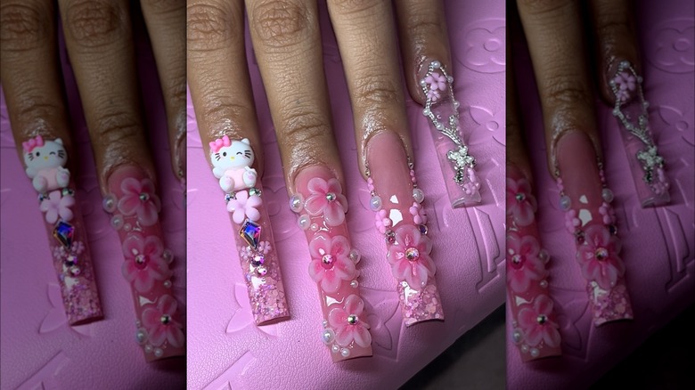 Pink Hello Kitty floral manicure