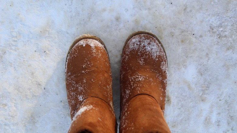 Brown UGGs covered in slight snow