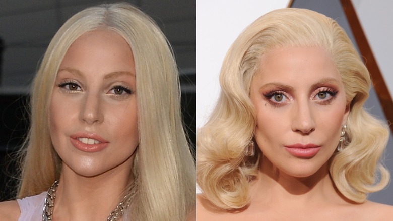 Lady Gaga with blond hair and eyebrows