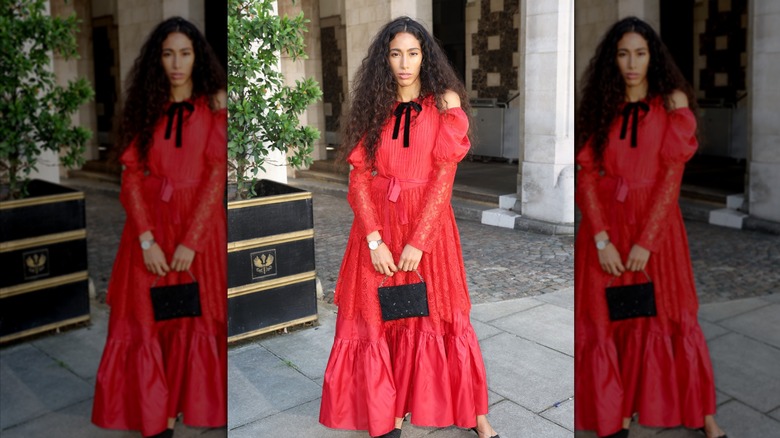 woman in red girlcore dress