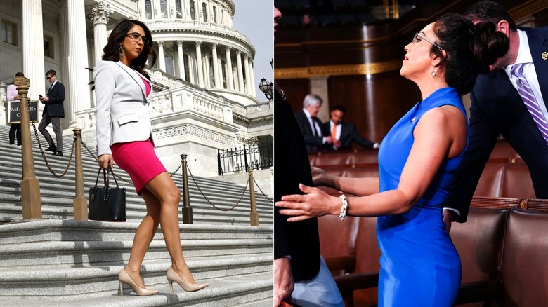 Side-by-side of Lauren Boebert in a short pink dress and a blue bodycon dress.