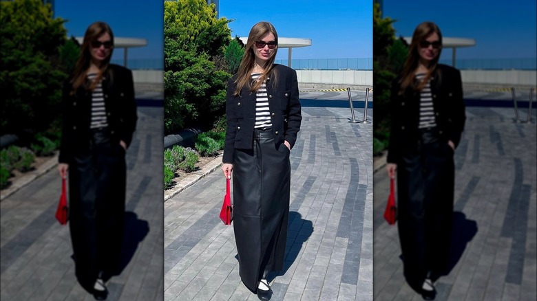 Woman with leather skirt and navy-style blouse