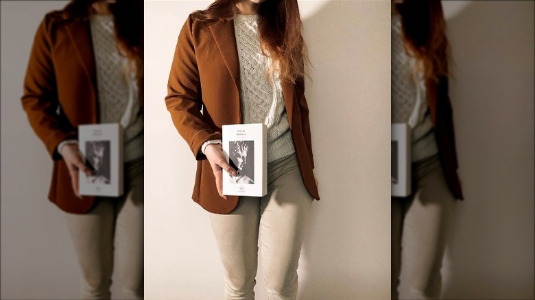 brown blazer with cream outfit