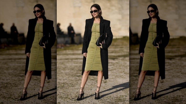 woman wearing sheer lime green dress