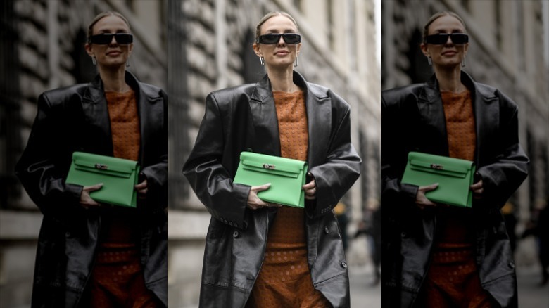 woman holding lime green clutch