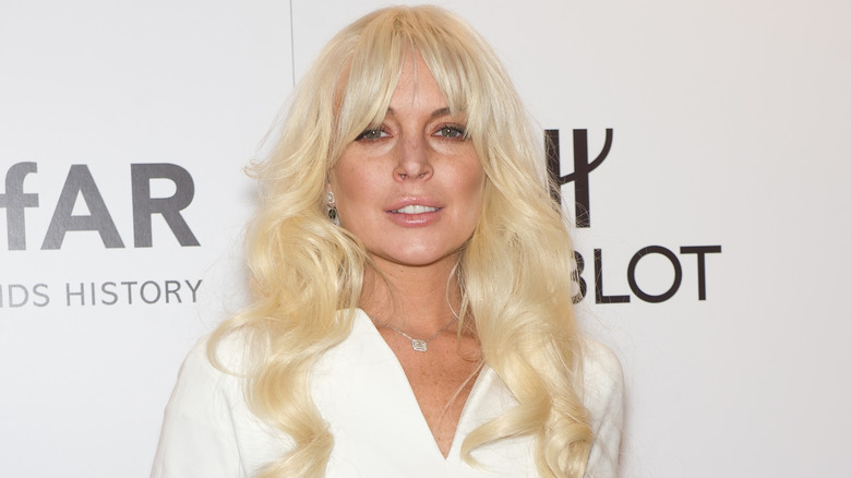 Lindsay Lohan platinum blond hair white dress