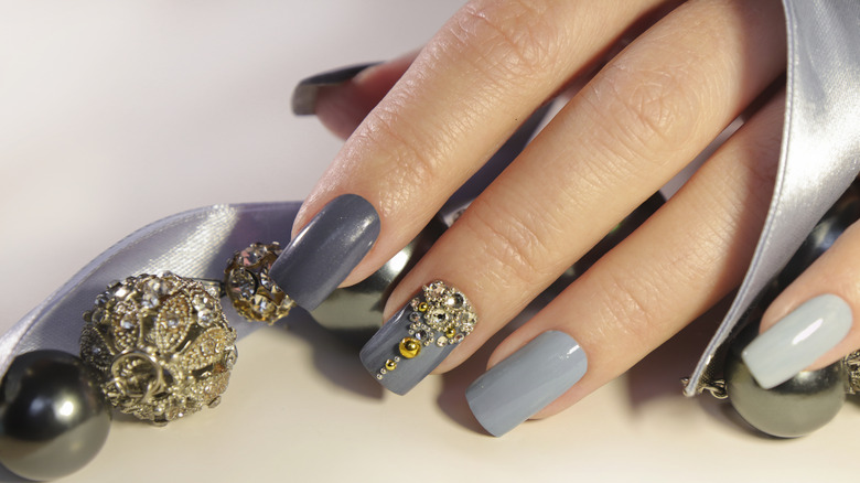 Multi-shade gray manicure with jewels