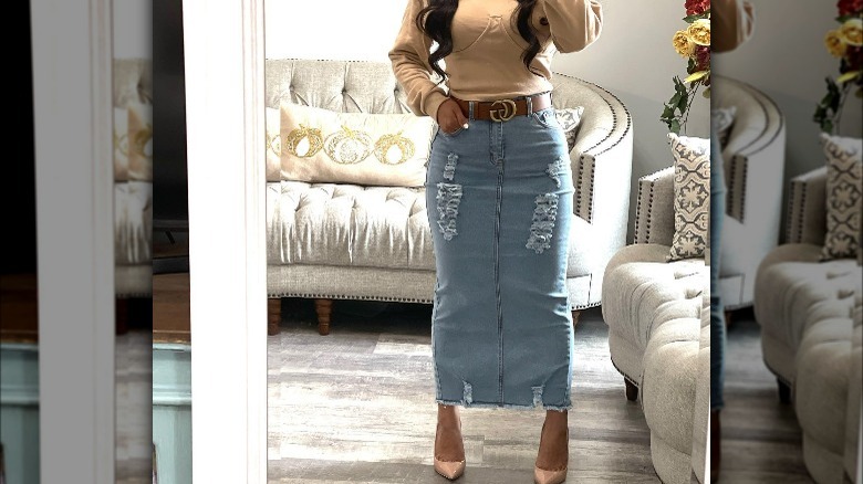 Long fitted blue jean skirt best sale