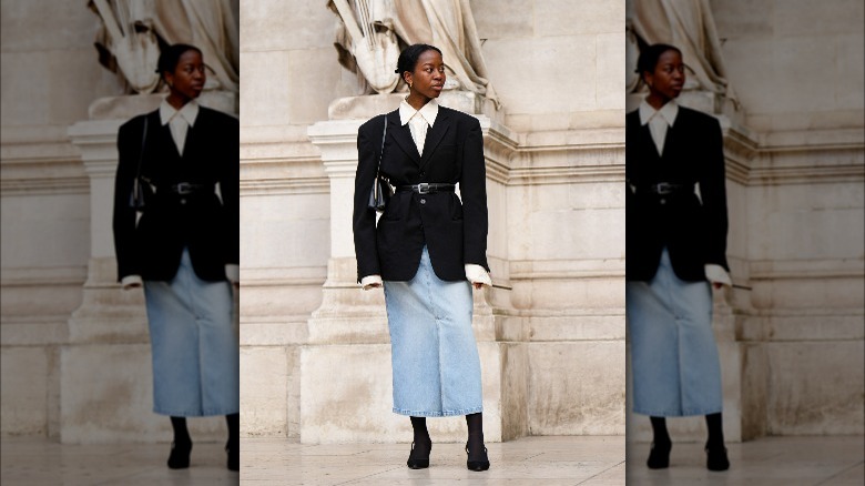 Long denim skirt with blazer