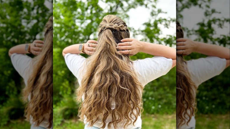 Woman with curly hair, braid