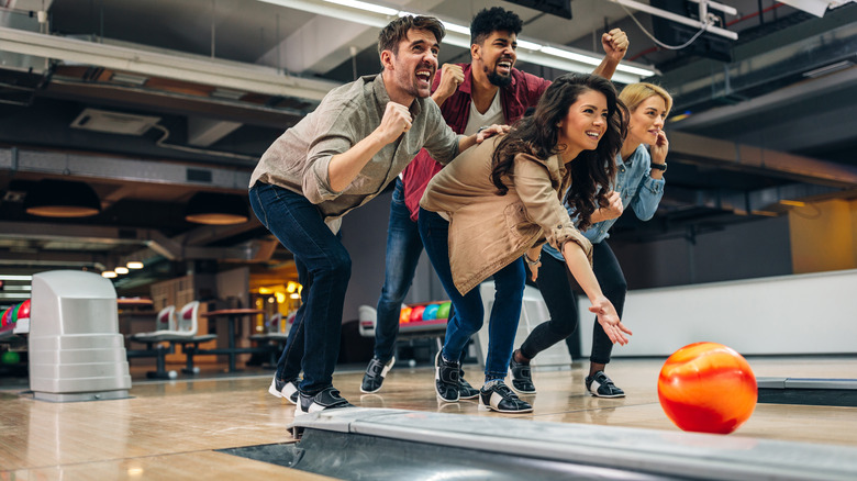 friends bowling on double date 