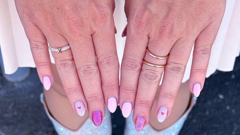 Pink and purple manicure with hearts
