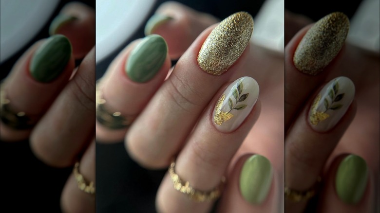 Green and gold glitter nails