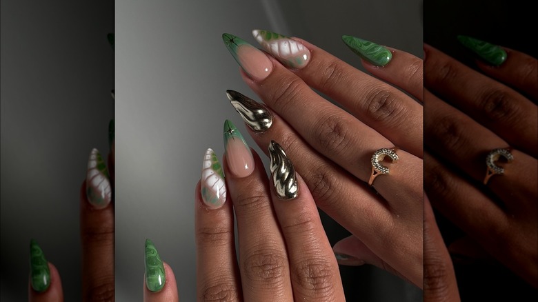 Green and silver nail art