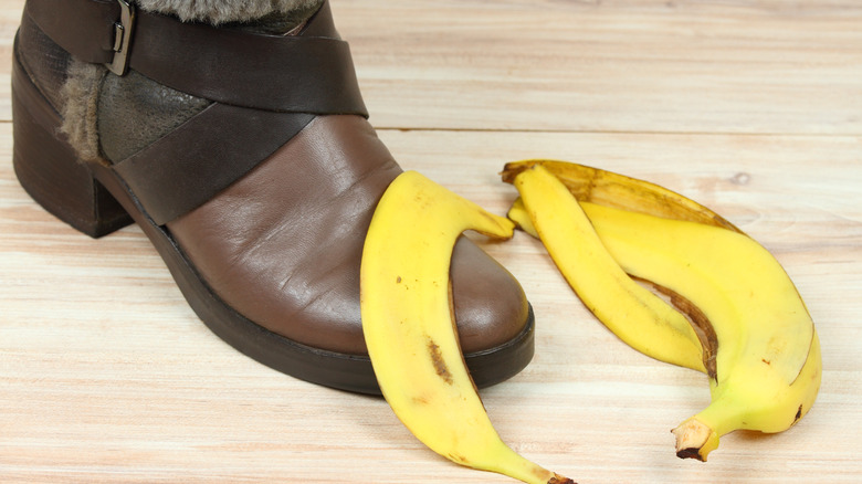 A banana peel on a shoe