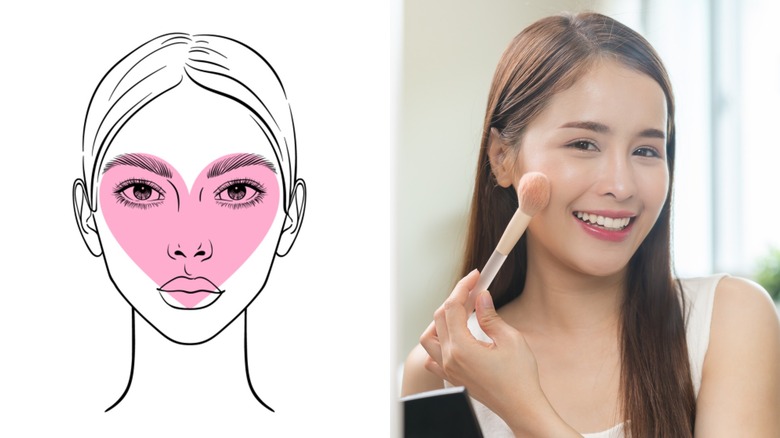 A woman with a heart-shaped face shape applying blush.