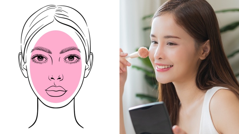 A woman with an oval face shape applying blush.