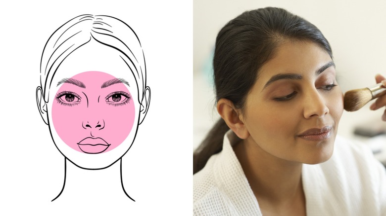 A woman with a round face shape applying blush.