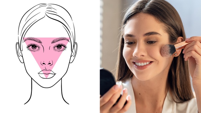 A woman with a triangular face shape applying blush.