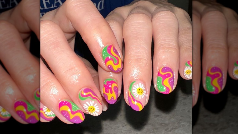 Multi-colored sunflower manicure