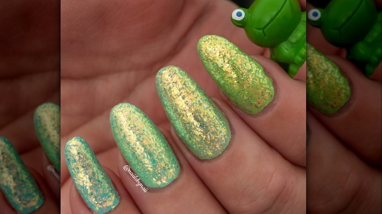 glittery nails with frog