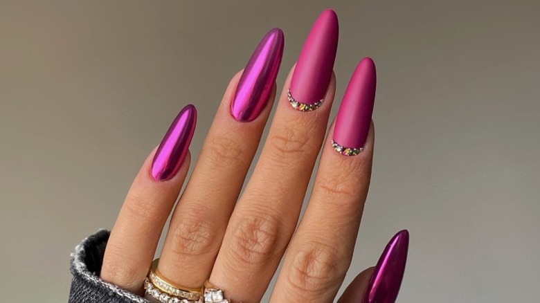 magenta manicure with chrome  nails