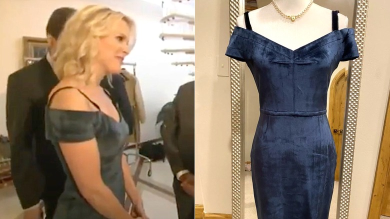 Side-by-side of Megyn Kelly in a blue velvet dress and a product photo of the dress itself.