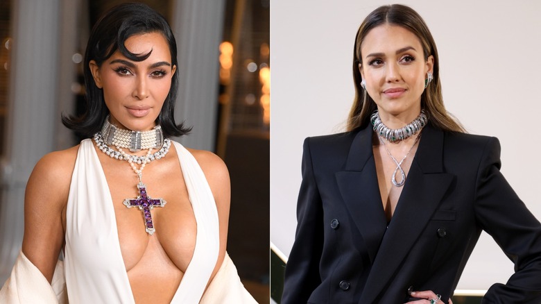 Kim Kardashian and Jessica Alba wearing chunky chokers in 2024.