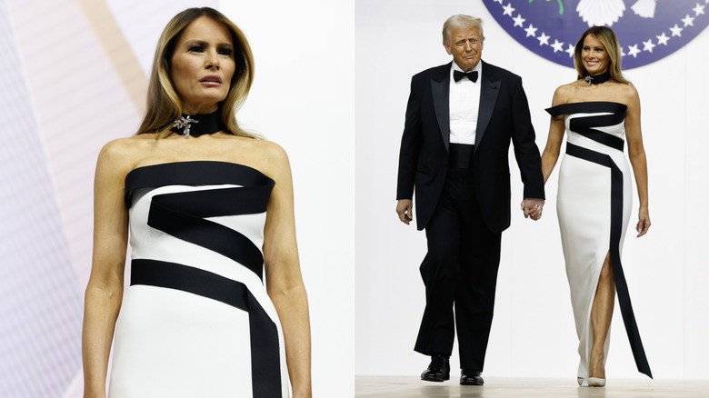 Melania Trump wearing a white gown with a choker at the 2025 inauguration ball.