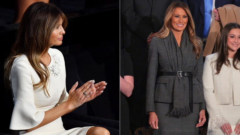 Melania Trump wearing a black jumpsuit on the left and a dark-gray blazer outfit on the right