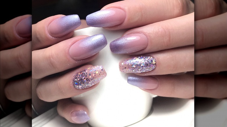 Pink, purple manicure with glitter