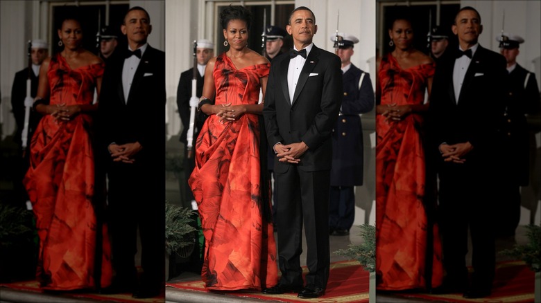 michelle obama wearing red alexander mcqueen dress