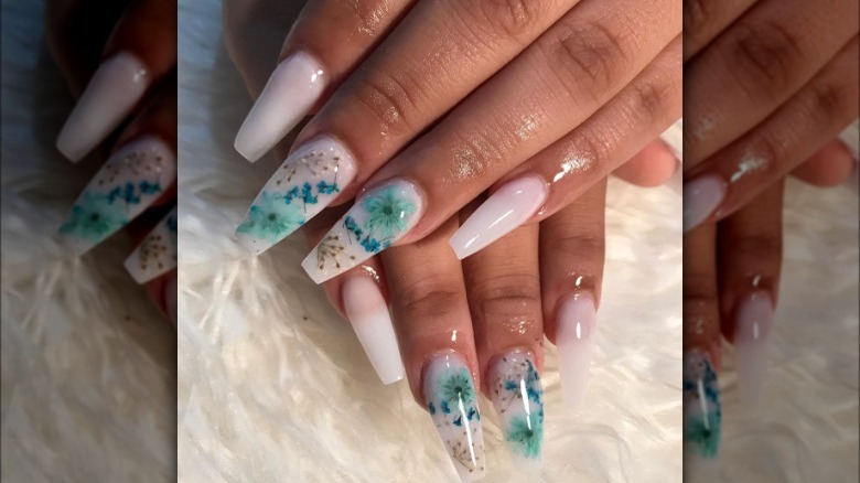 blue floral milk bath nails