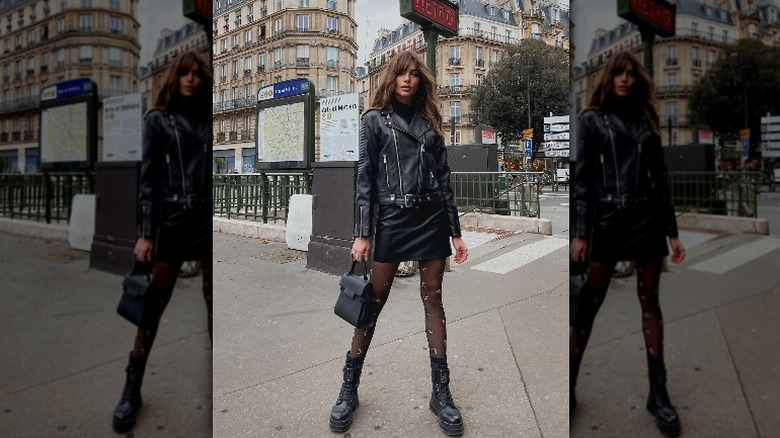 woman wearing leather jacket