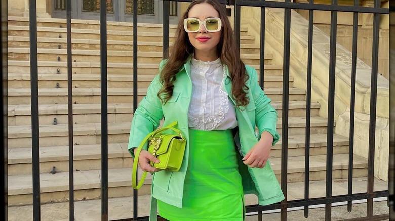 Girl colorblocking with shades of green