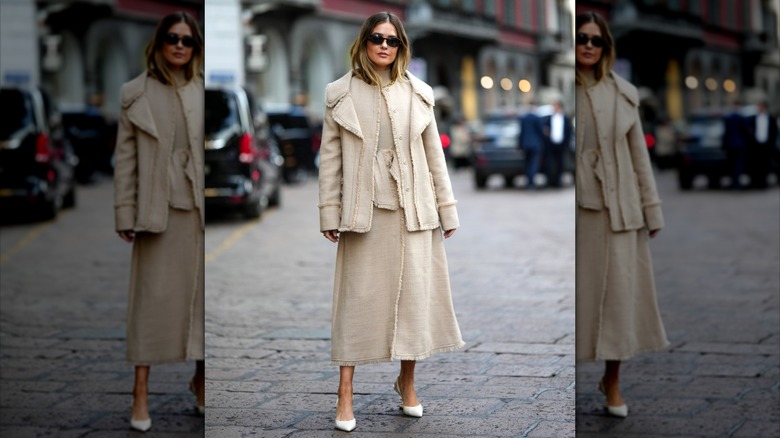 Woman wearing heavy beige co-ords