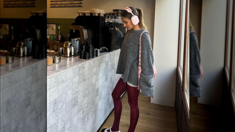 Gray sweater with burgundy tights