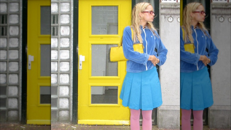 Blue outfit with pink tights