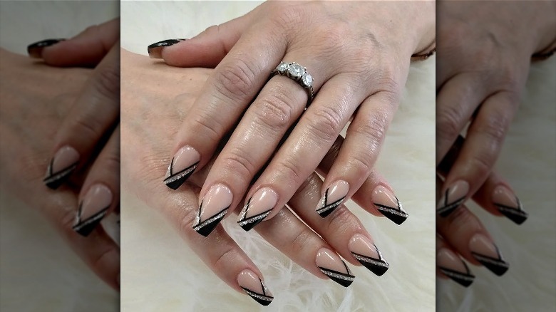 black and silver French nails