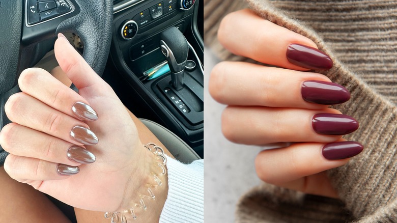 Pearly mocha mousse nails on a hand, posed in the car on the left and creamy burgundy nails gripping a sweater on the right