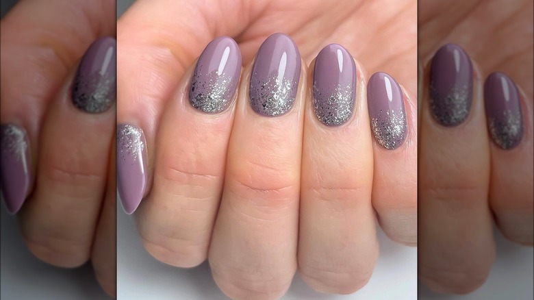 purple and silver glitter nails