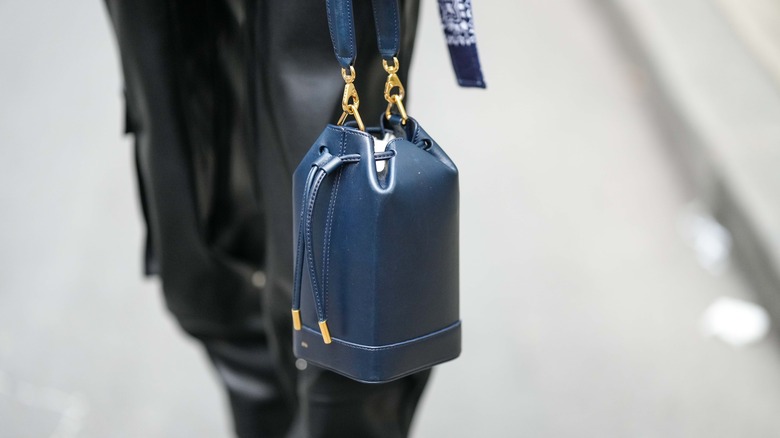 navy blue bucket bag