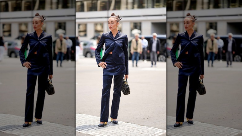 woman wearing navy blue outfit