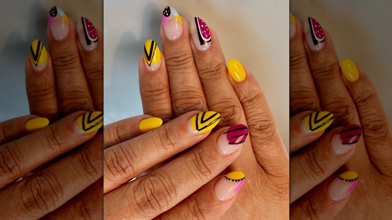 Yellow, red negative space manicure